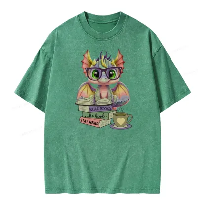 Pagewings Cute Dragon Reading Unisex Washed T-shirt