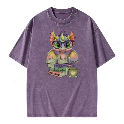 Pagewings Cute Dragon Reading Unisex Washed T-shirt