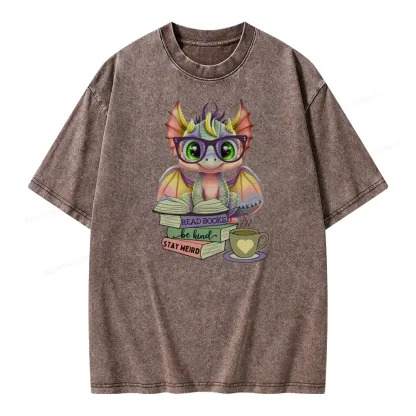 Pagewings Cute Dragon Reading Unisex Washed T-shirt