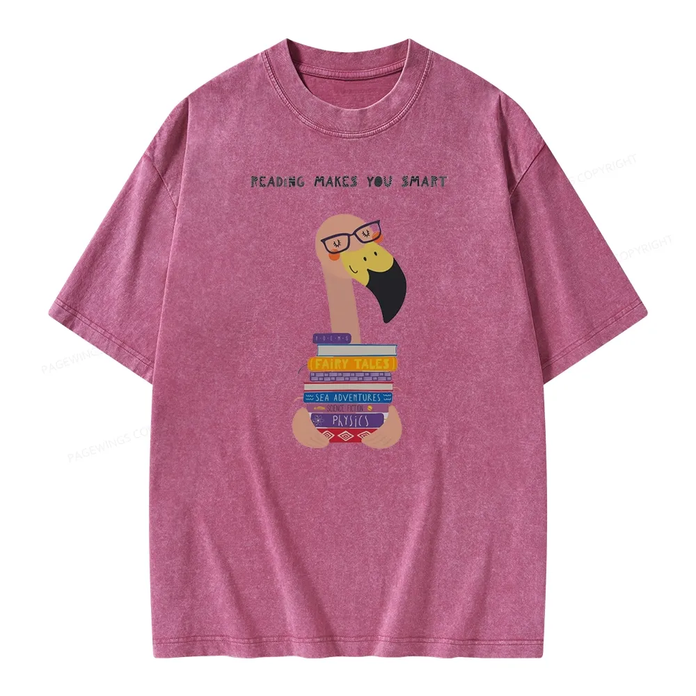 Pagewings Flamingo Reading Makes You Smart Unisex Washed T-shirt