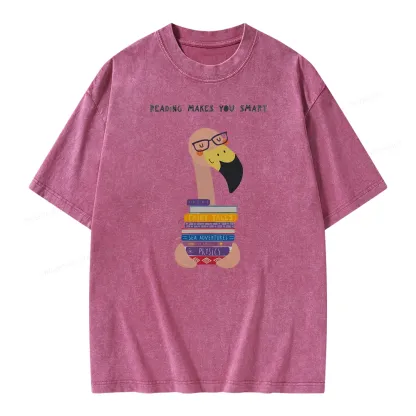 Pagewings Flamingo Reading Makes You Smart Unisex Washed T-shirt