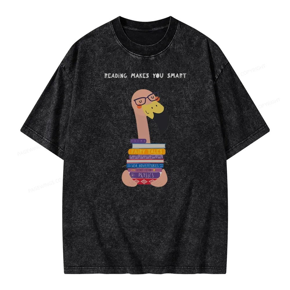 Pagewings Flamingo Reading Makes You Smart Unisex Washed T-shirt