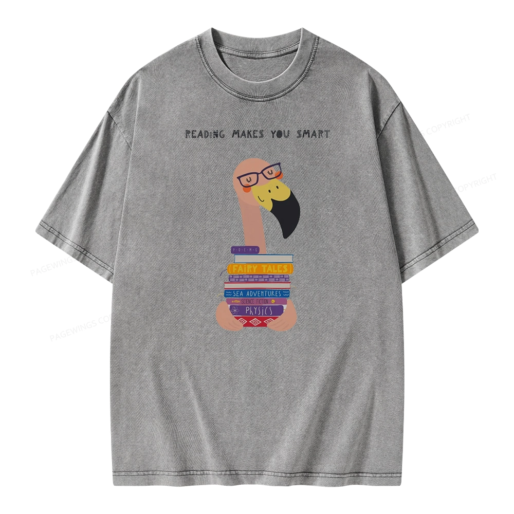 Pagewings Flamingo Reading Makes You Smart Unisex Washed T-shirt