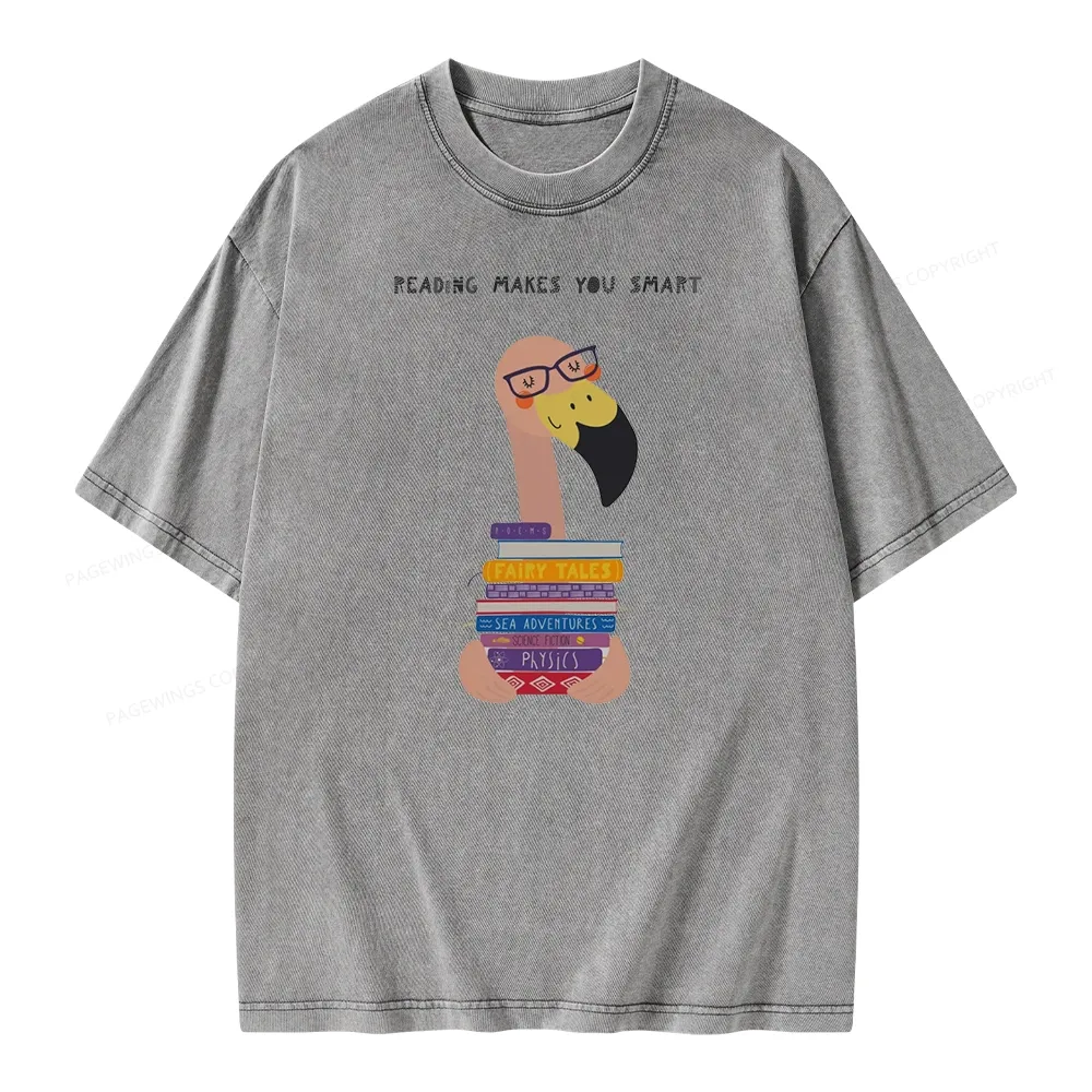 Pagewings Flamingo Reading Makes You Smart Unisex Washed T-shirt