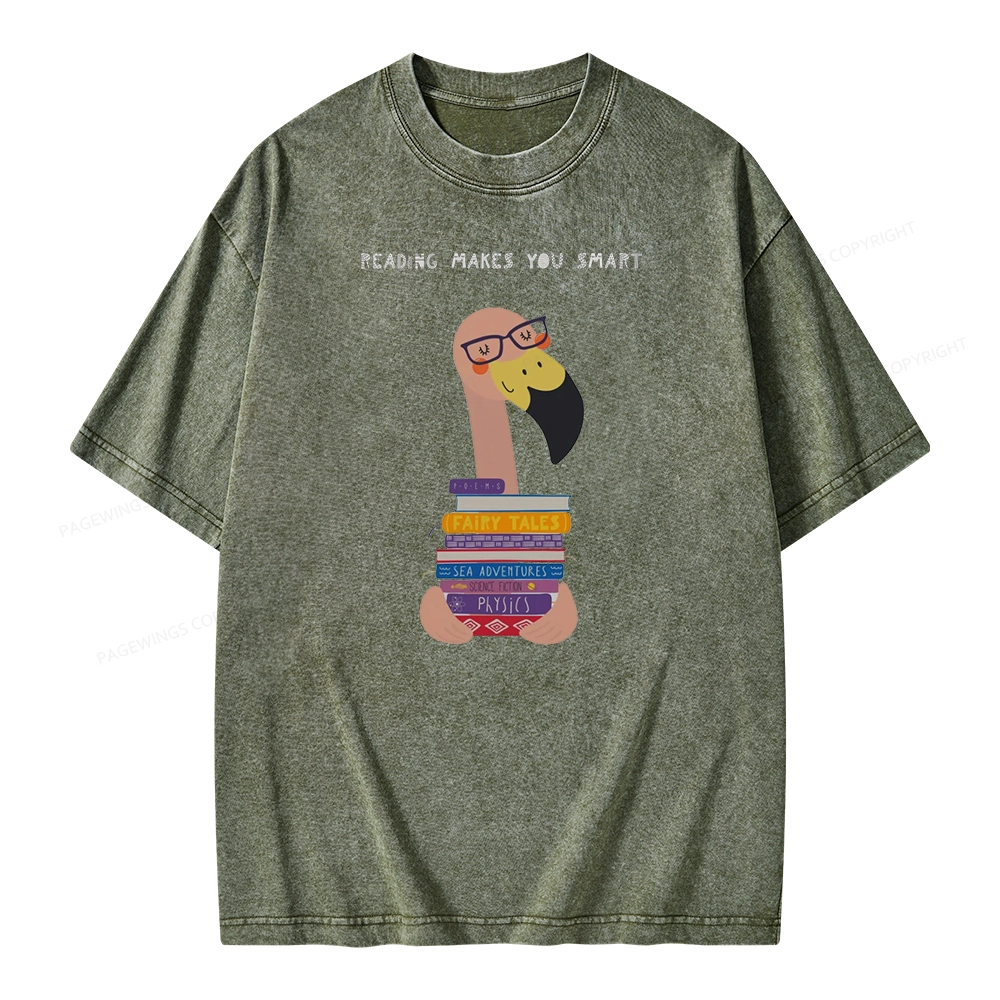 Pagewings Flamingo Reading Makes You Smart Unisex Washed T-shirt