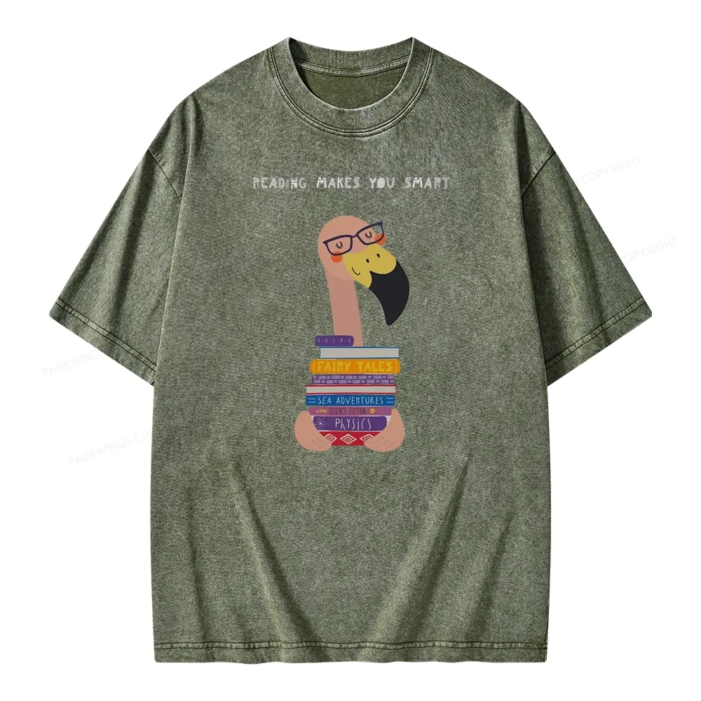 Pagewings Flamingo Reading Makes You Smart Unisex Washed T-shirt