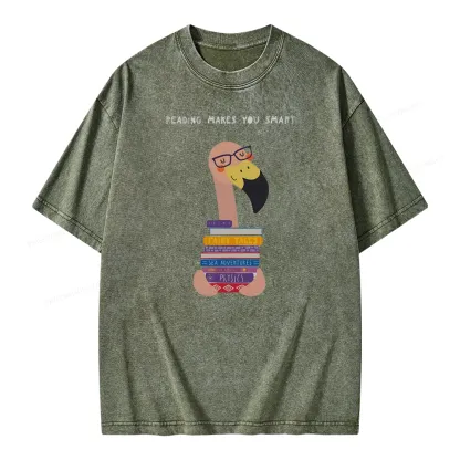 Pagewings Flamingo Reading Makes You Smart Unisex Washed T-shirt