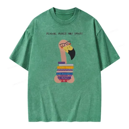 Pagewings Flamingo Reading Makes You Smart Unisex Washed T-shirt