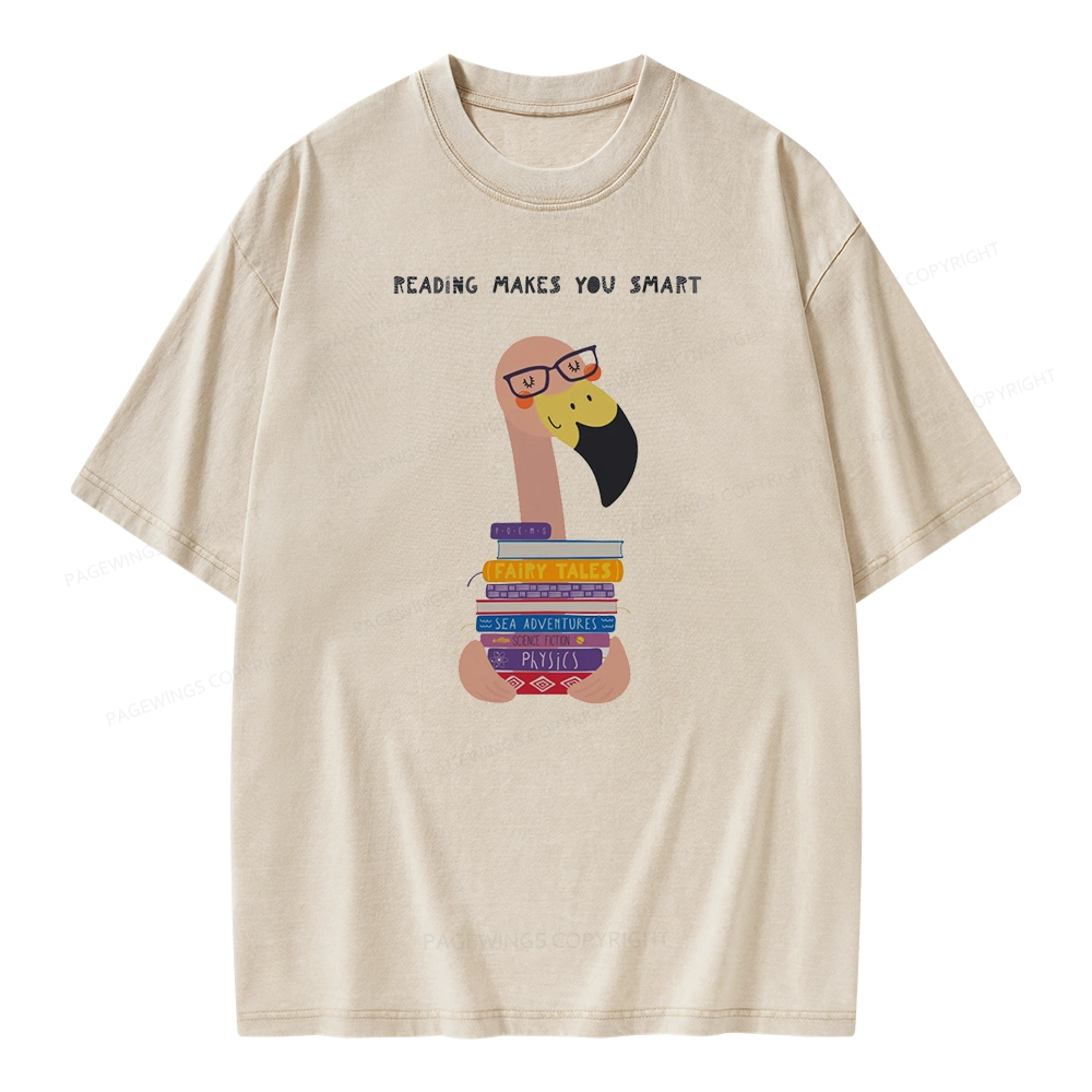 Pagewings Flamingo Reading Makes You Smart Unisex Washed T-shirt