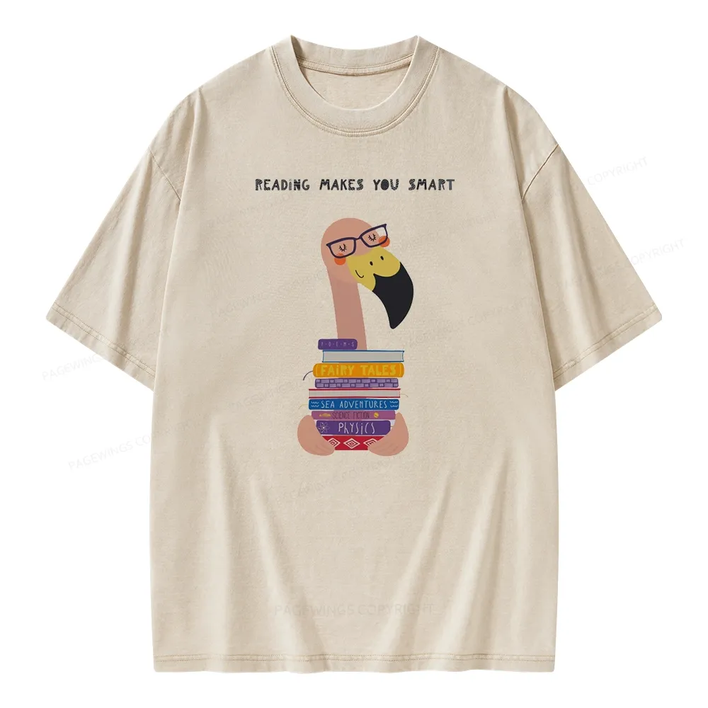 Pagewings Flamingo Reading Makes You Smart Unisex Washed T-shirt