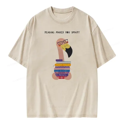 Pagewings Flamingo Reading Makes You Smart Unisex Washed T-shirt