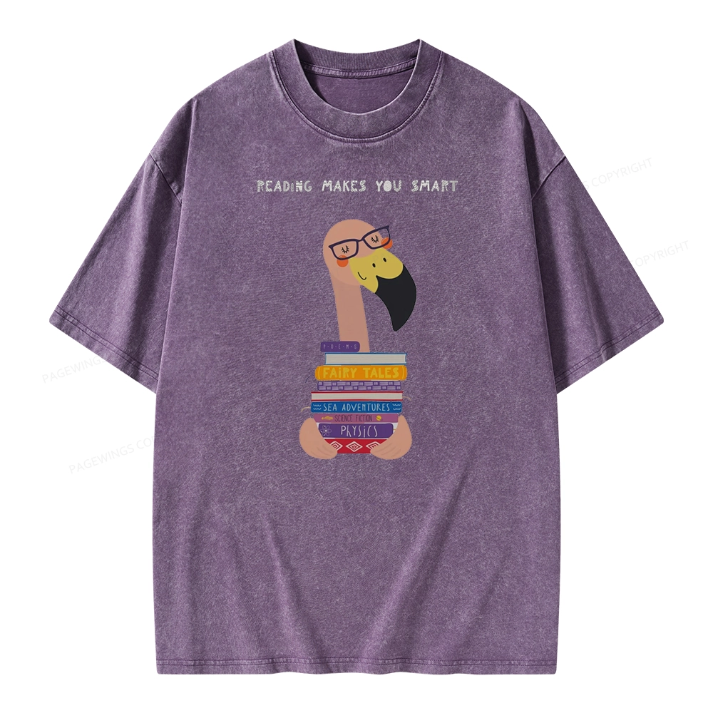 Pagewings Flamingo Reading Makes You Smart Unisex Washed T-shirt