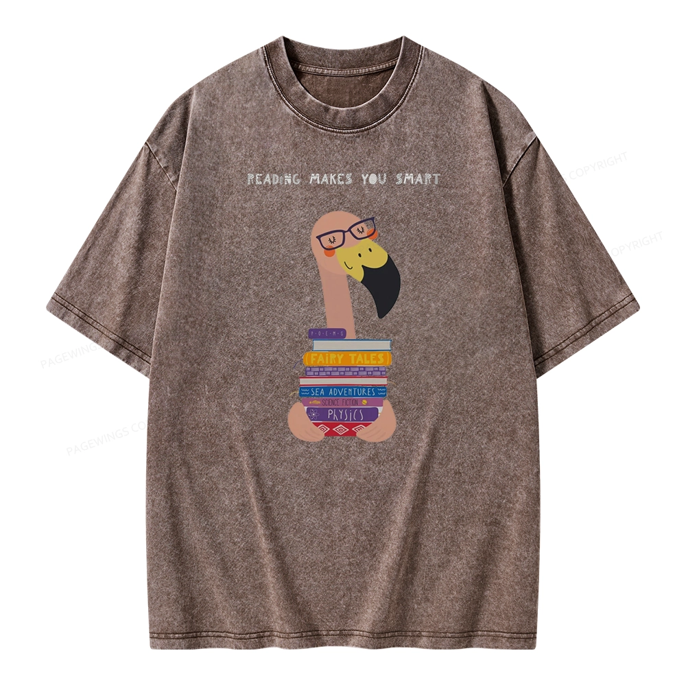 Pagewings Flamingo Reading Makes You Smart Unisex Washed T-shirt