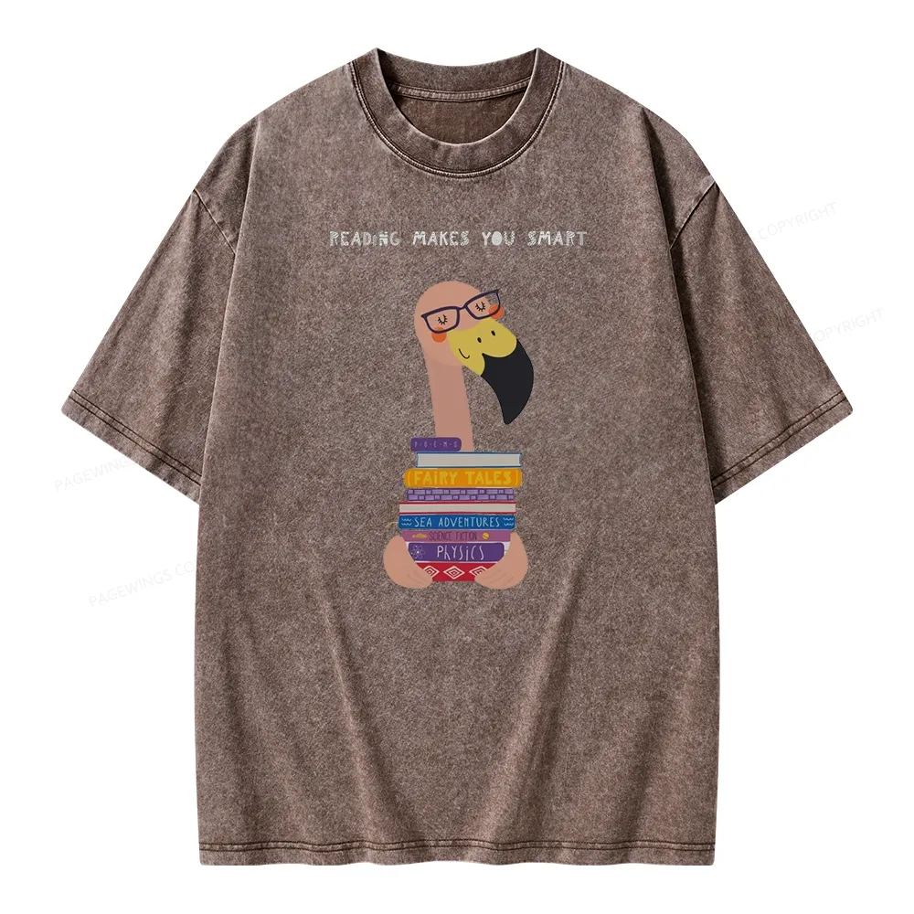 Pagewings Flamingo Reading Makes You Smart Unisex Washed T-shirt