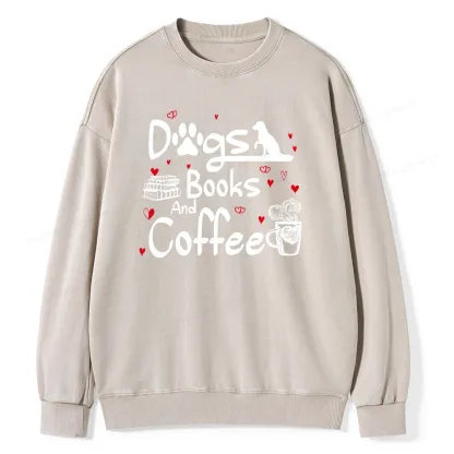 Pagewings  Dogs Books And Coffee Unisex Washed Sweatshirt