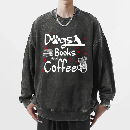 Pagewings  Dogs Books And Coffee Unisex Washed Sweatshirt