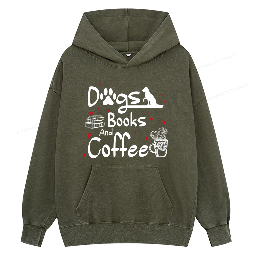 Pagewings  Dogs Books And Coffee Unisex Washed Hoodie