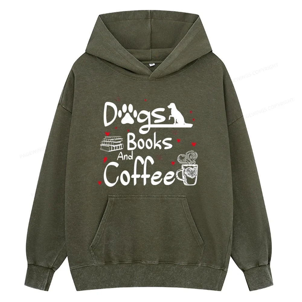 Pagewings  Dogs Books And Coffee Unisex Washed Hoodie