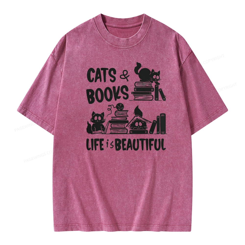 Pagewings Cat Bookish Unisex Washed T-shirt