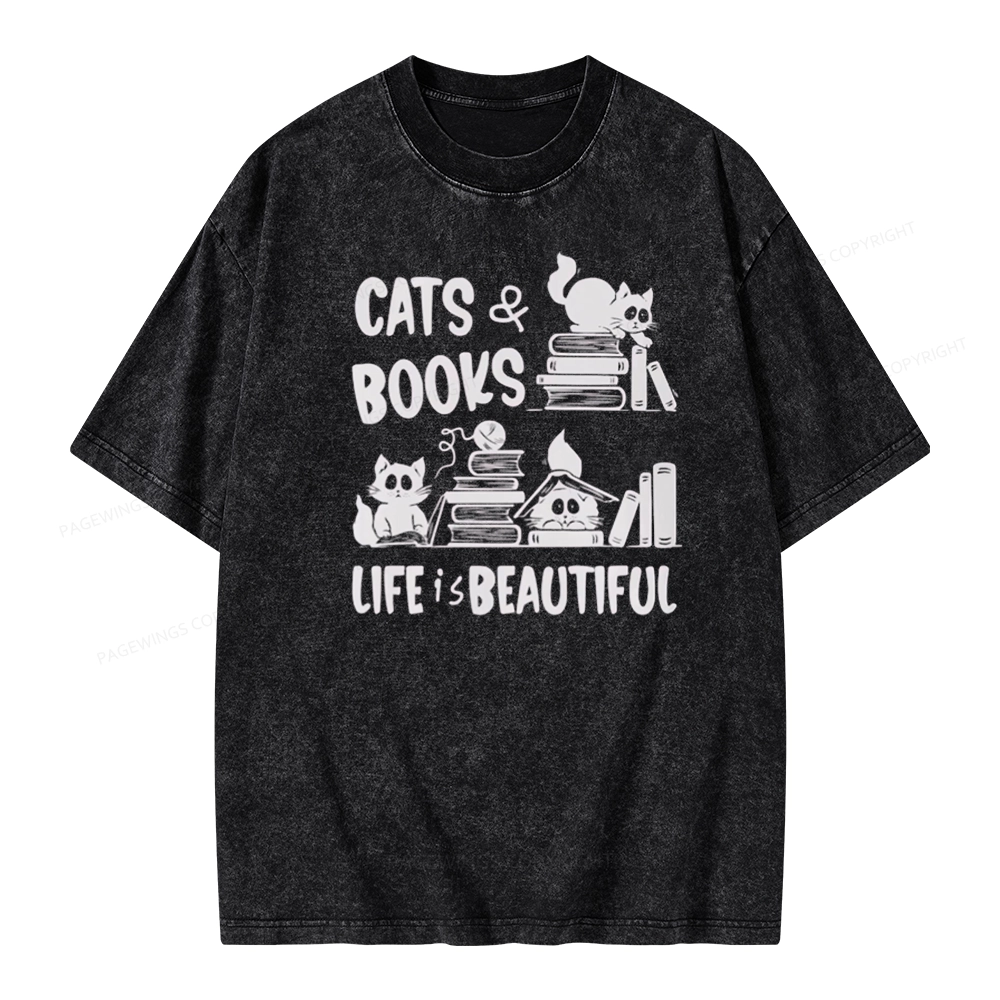 Pagewings Cat Bookish Unisex Washed T-shirt