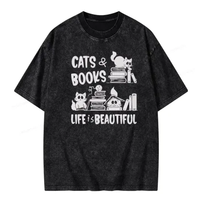 Pagewings Cat Bookish Unisex Washed T-shirt