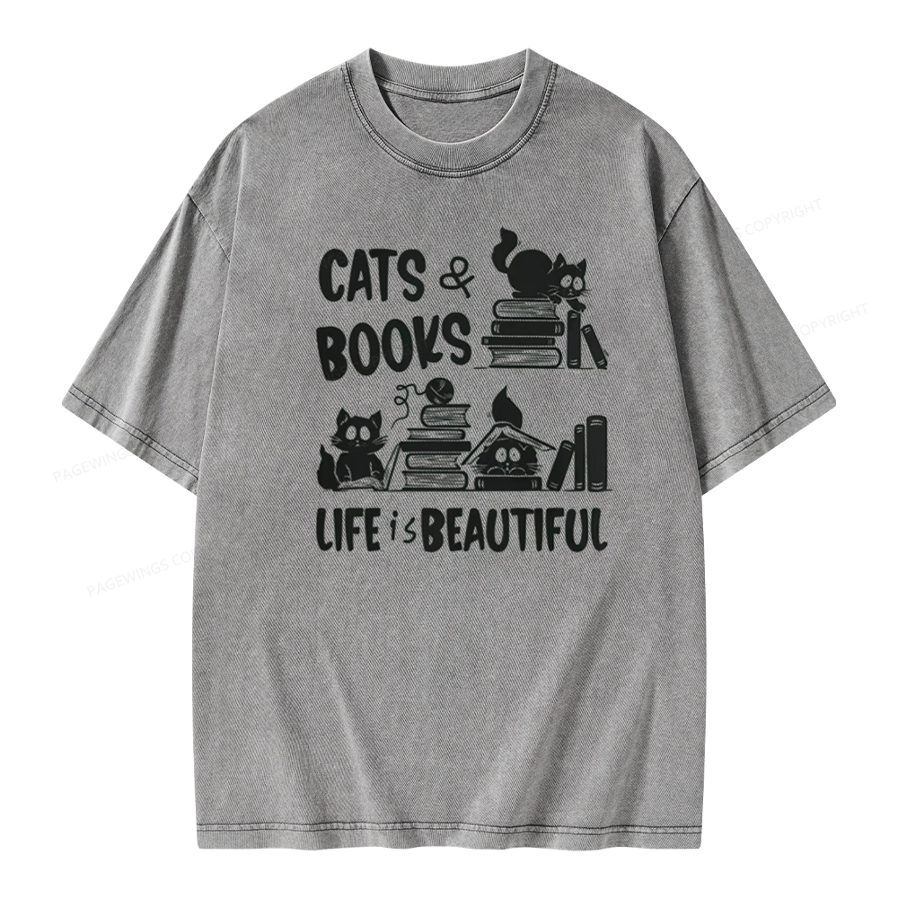 Pagewings Cat Bookish Unisex Washed T-shirt