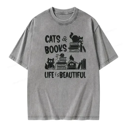 Pagewings Cat Bookish Unisex Washed T-shirt