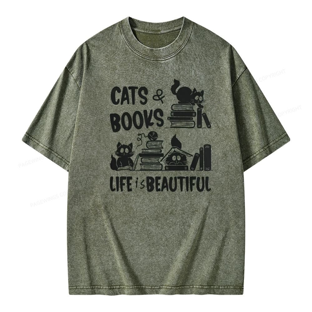 Pagewings Cat Bookish Unisex Washed T-shirt