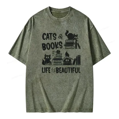 Pagewings Cat Bookish Unisex Washed T-shirt