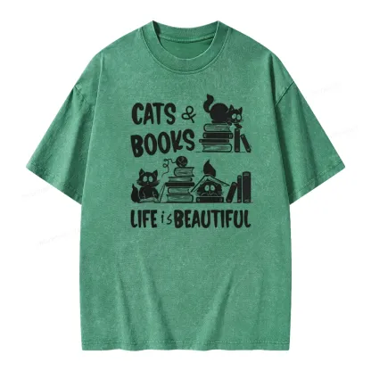 Pagewings Cat Bookish Unisex Washed T-shirt