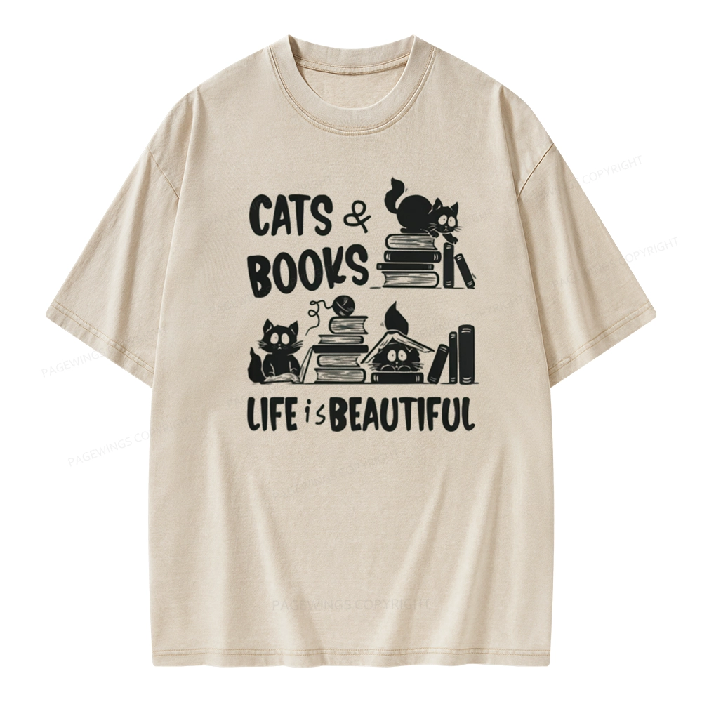Pagewings Cat Bookish Unisex Washed T-shirt