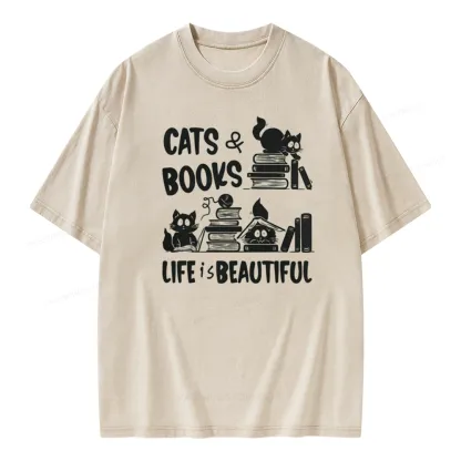 Pagewings Cat Bookish Unisex Washed T-shirt