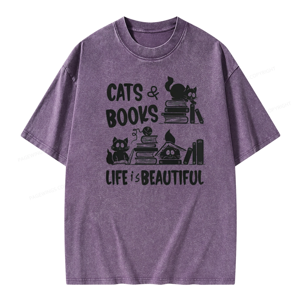 Pagewings Cat Bookish Unisex Washed T-shirt
