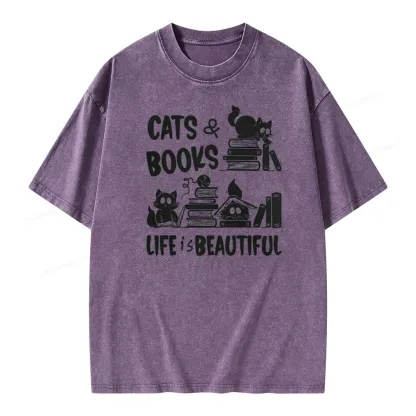 Pagewings Cat Bookish Unisex Washed T-shirt