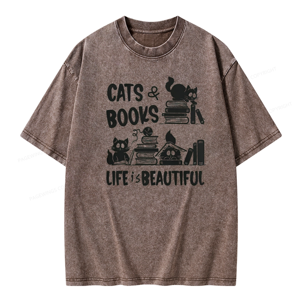 Pagewings Cat Bookish Unisex Washed T-shirt