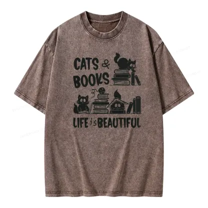 Pagewings Cat Bookish Unisex Washed T-shirt