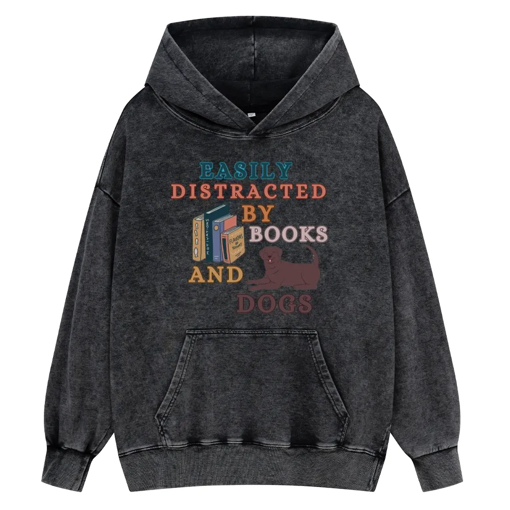 Pagewings Easily Distracted By Books And Labrador Unisex Washed Hoodie