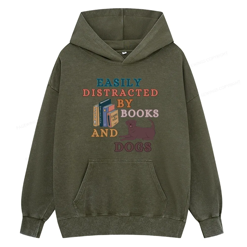 Pagewings Easily Distracted By Books And Labrador Unisex Washed Hoodie