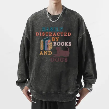 Pagewings Easily Distracted By Books And Labrador Unisex Washed Sweatshirt