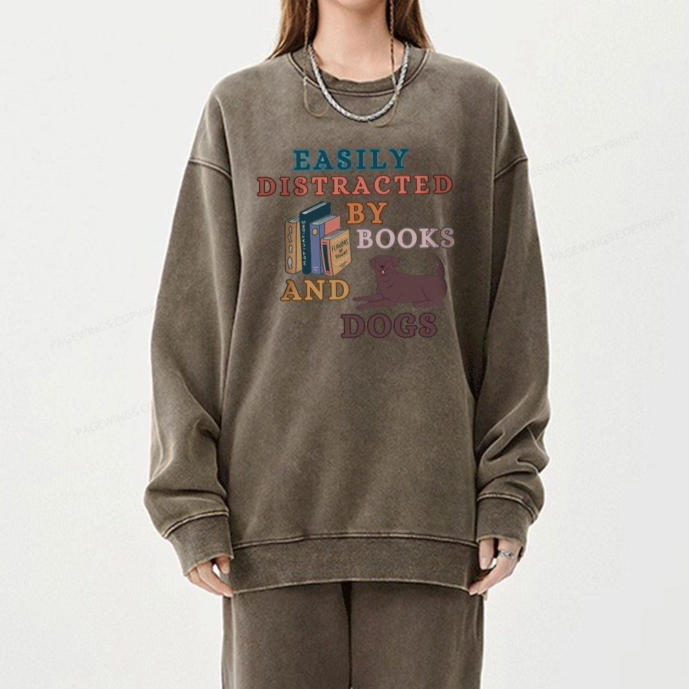 Pagewings Easily Distracted By Books And Labrador Unisex Washed Sweatshirt