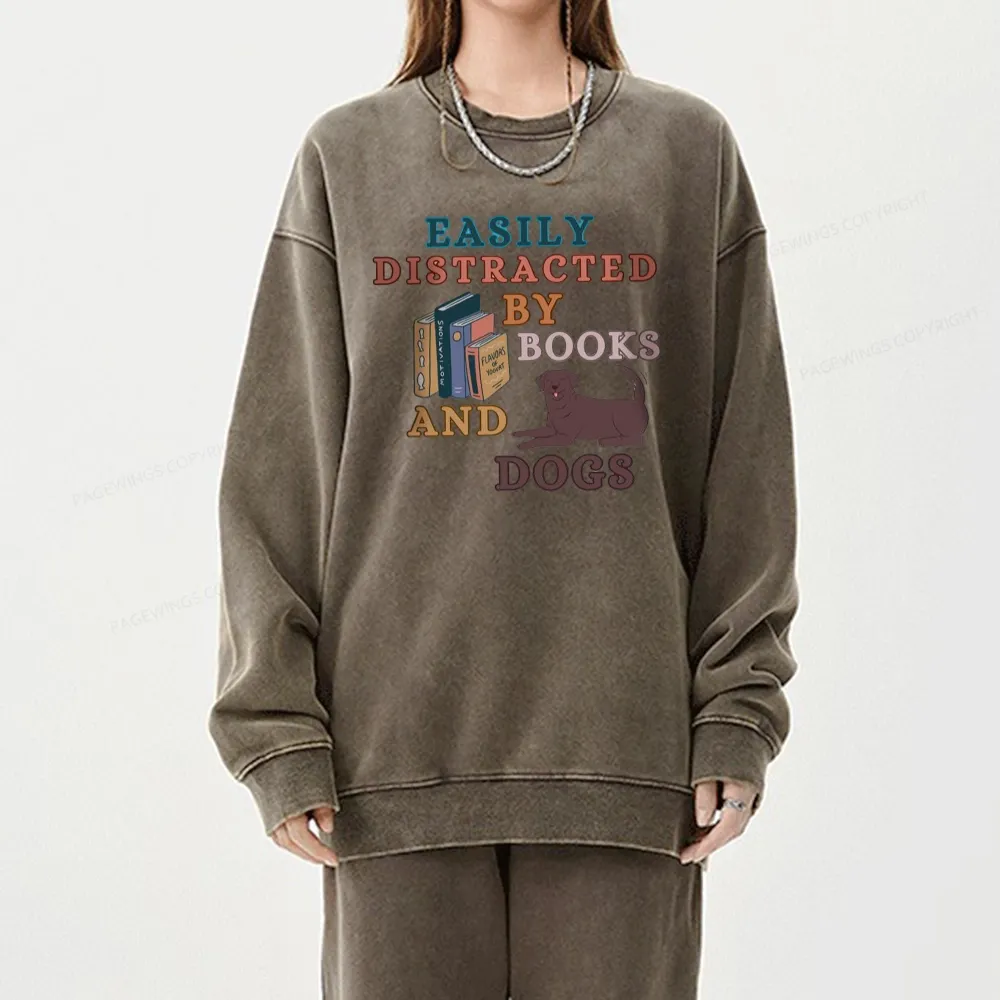 Pagewings Easily Distracted By Books And Labrador Unisex Washed Sweatshirt