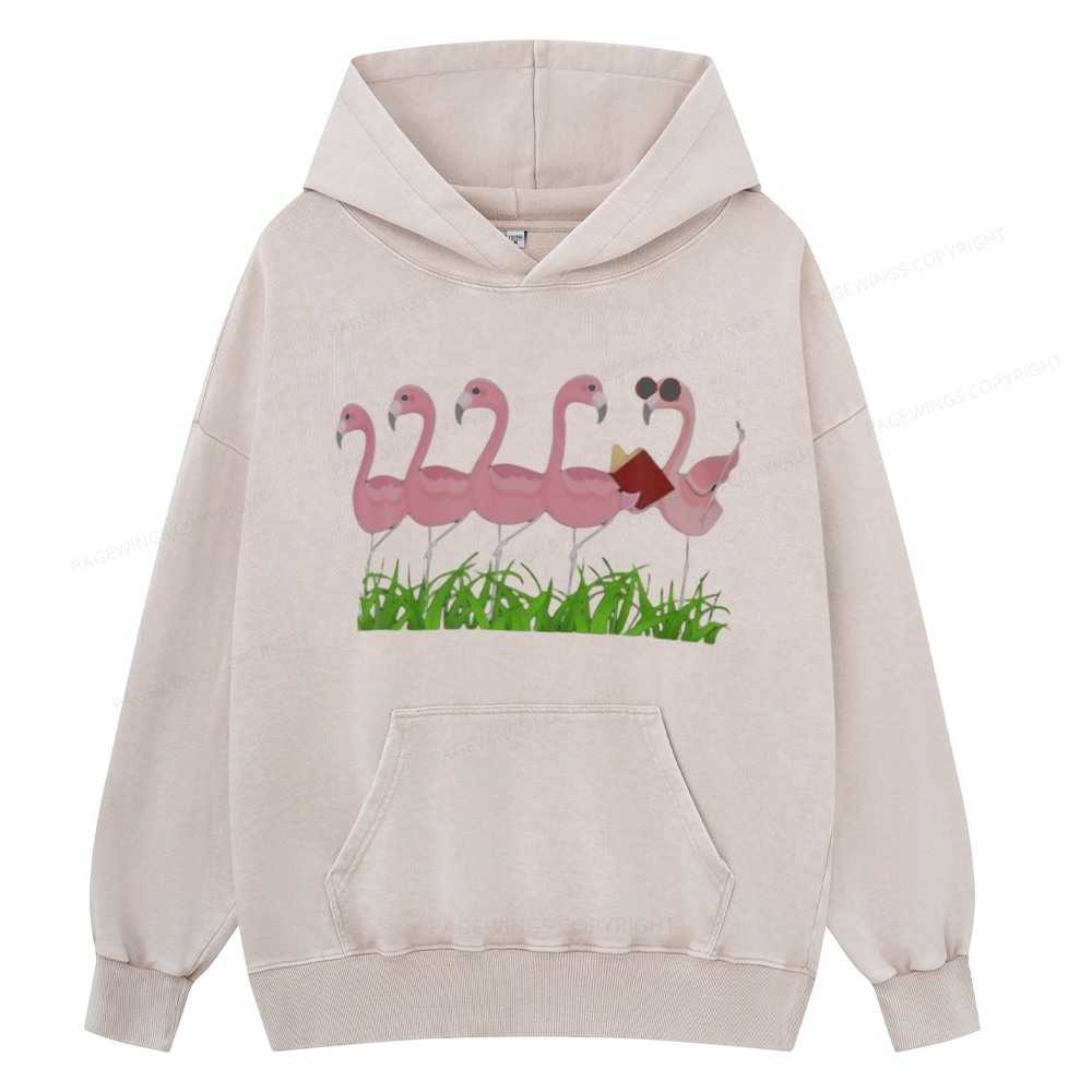 Pagewings  Funny Flamingo Reading Book Unisex Washed Hoodie