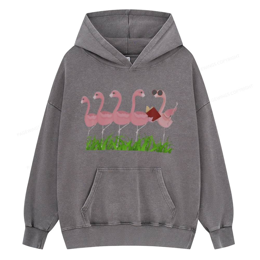 Pagewings  Funny Flamingo Reading Book Unisex Washed Hoodie