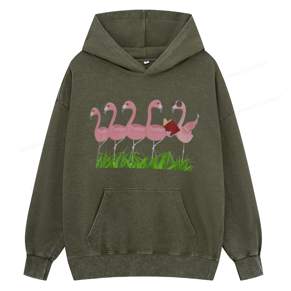 Pagewings  Funny Flamingo Reading Book Unisex Washed Hoodie