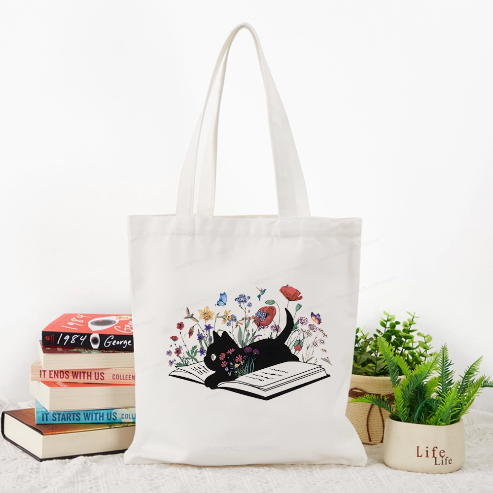 Pagewings Cute Book Cat Tote Bag