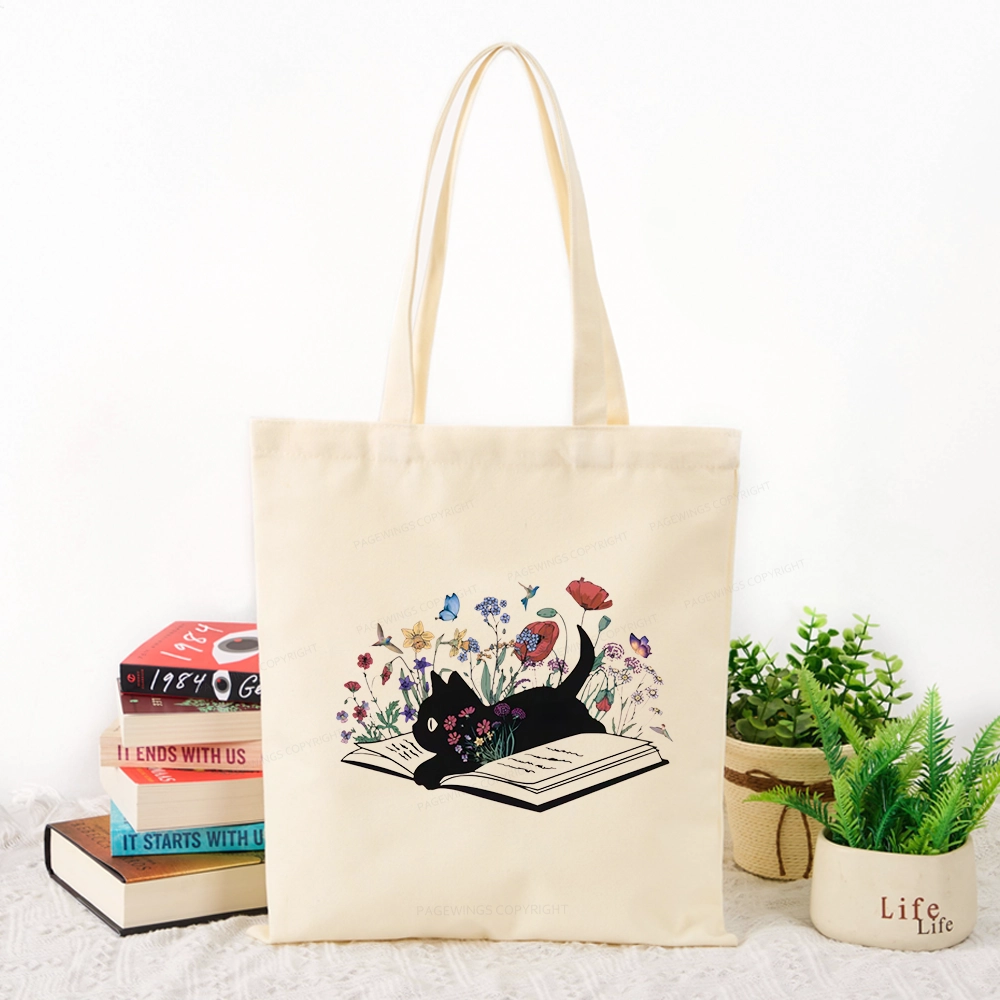 Pagewings Cute Book Cat Tote Bag