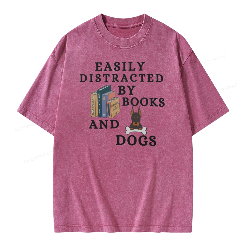Pagewings Easily Distracted By Books And Dogs Unisex Washed T-shirt
