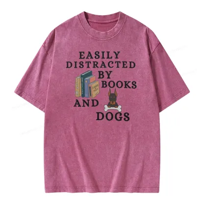 Pagewings Easily Distracted By Books And Dogs Unisex Washed T-shirt