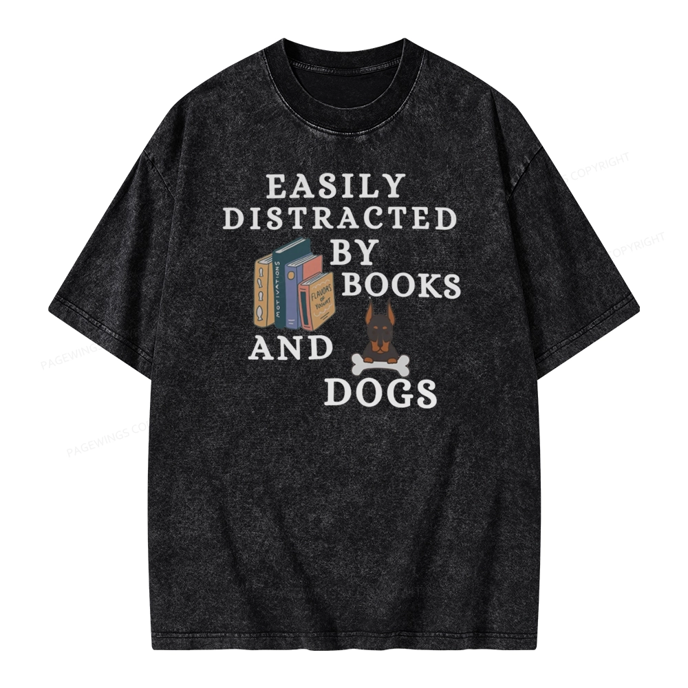 Pagewings Easily Distracted By Books And Dogs Unisex Washed T-shirt
