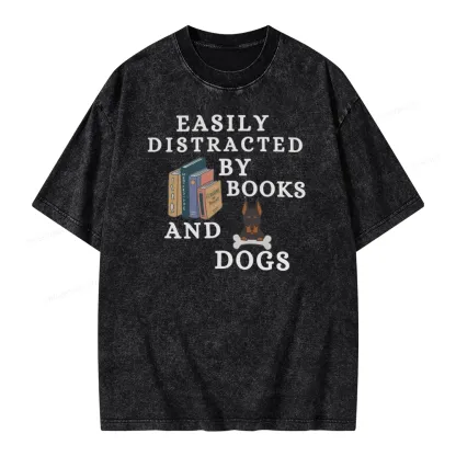 Pagewings Easily Distracted By Books And Dogs Unisex Washed T-shirt
